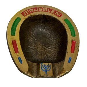 Brass Ashtray Horseshoe With Menorah Design Jerusalem Decorative 3" Beautiful